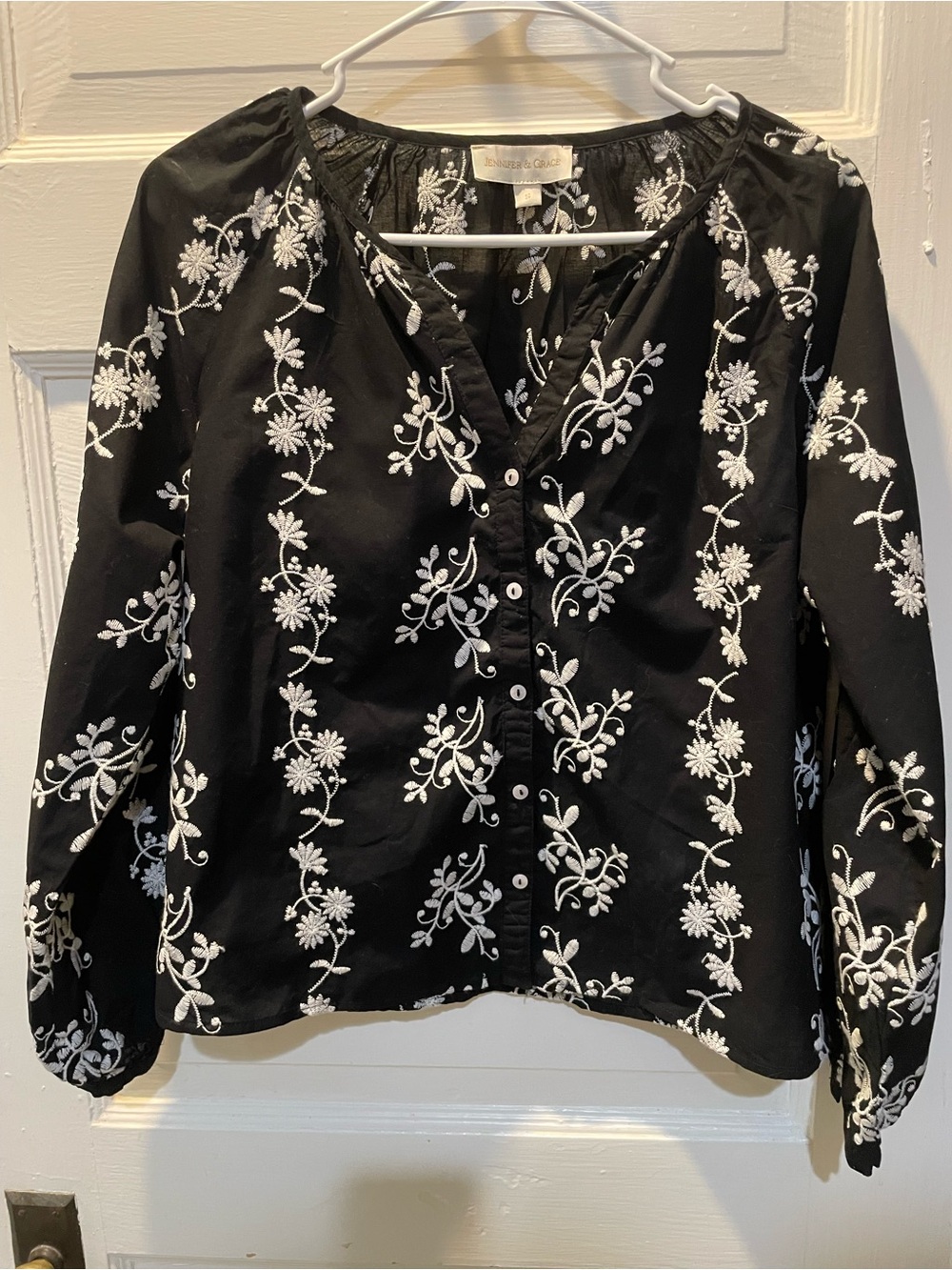 100 % Cotton Black Button-Down Women's Top with White Floral Embroidery